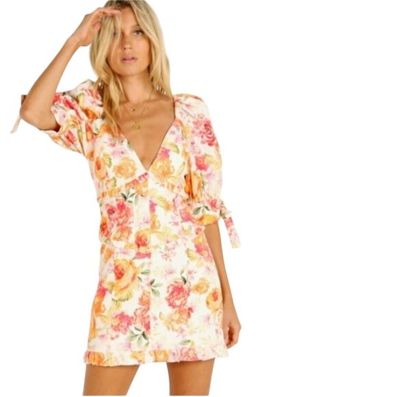 For Love & Lemons Julep Mini Dress Linen Blend Floral Deep V Size M - Picture 7 of 12